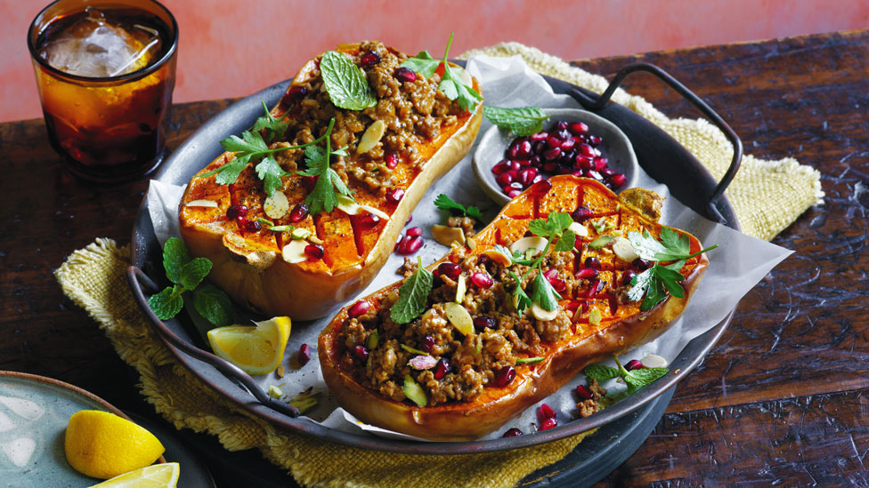 Stuffed pumpkin with Moroccan-spiced lamb