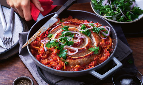 Courtney Roulston’s Cumberland sausage with warm tomato relish 