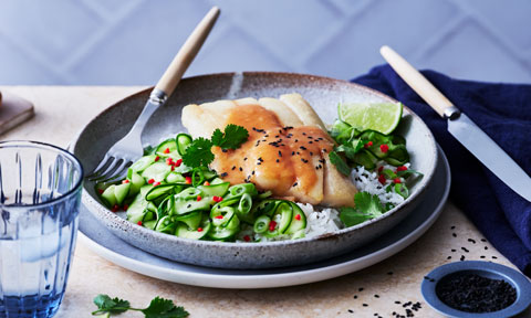 Miso blue grenadier with pickled cucumber salad