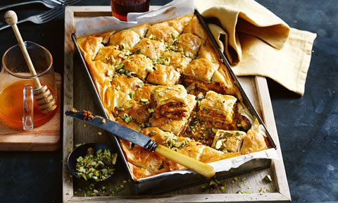 Pumpkin baklava with saffron and orange syrup