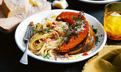 Roasted pumpkin with creamy bacon and herb pasta