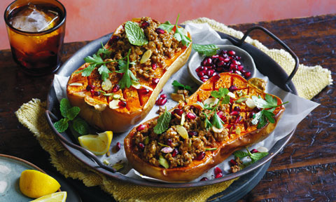 Stuffed pumpkin with Moroccan-spiced lamb