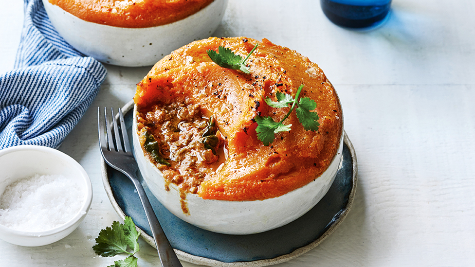 A beef korma and sweet potato cottage pot pie