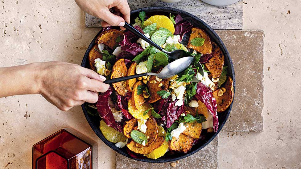 Roasted pumpkin salad with orange and goat’s cheese