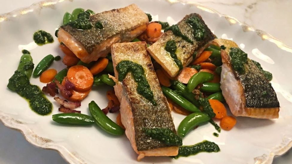 Crispy skin salmon with snap peas, carrots and chimichurri