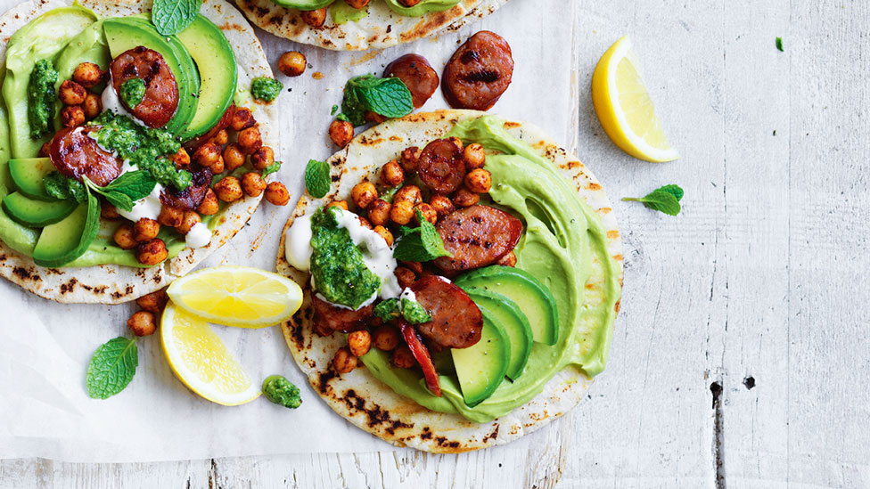 Avocado pitas with spiced chickpeas