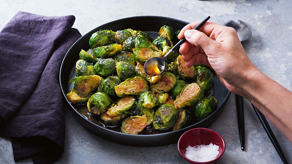 Roasted brussels sprouts in a pan