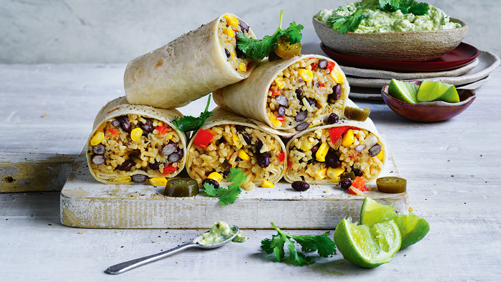 Mexican-style rice burritos with guacamole