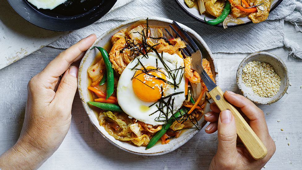 Cheat’s kimchi with fried eggs