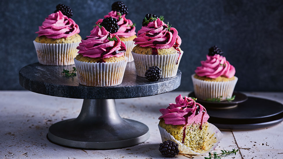 Citrus poppy seed cupcakes with blackberry frosting