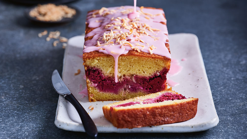 Raspberry and coconut ripple loaf cake