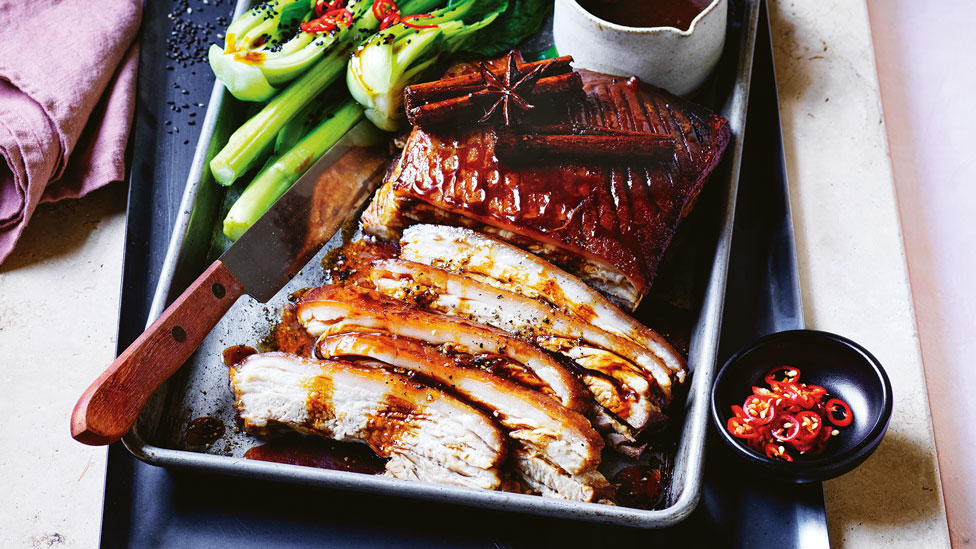 Slow cooker honey-soy pork belly with Asian greens