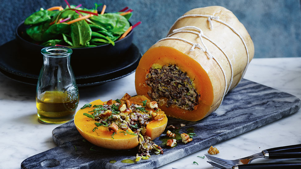 Slow cooker pork and rice stuffed pumpkin