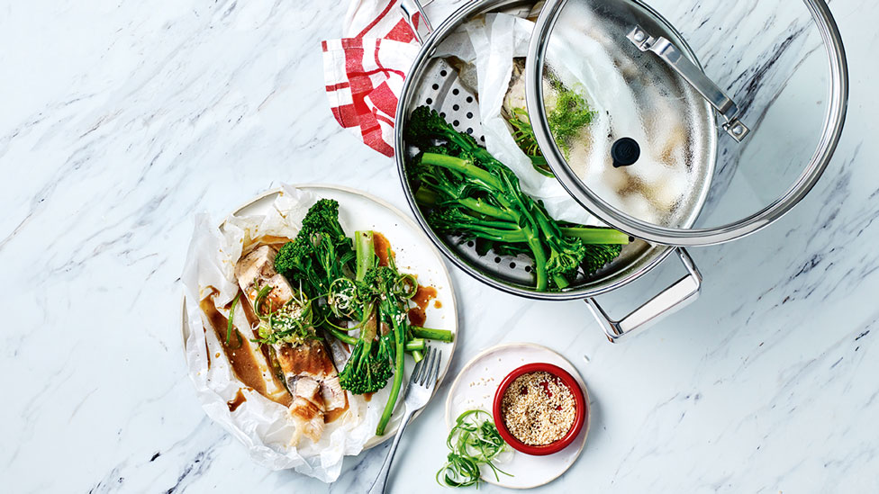 Steamed barramundi with soy and miso dressing