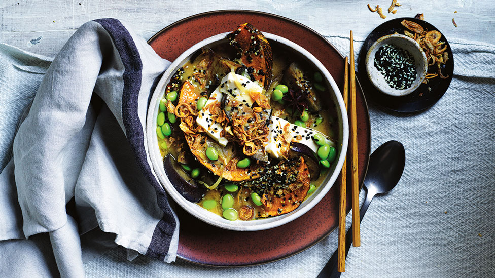 Vegan miso eggplant with tofu and sesame pumpkin