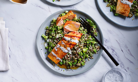Chargrilled miso salmon with broccoli rice