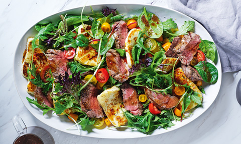 Easy lamb, tomato and haloumi salad