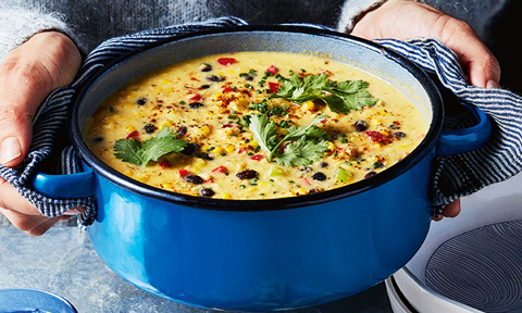 Corn chowder with vegan cheese quesadillas