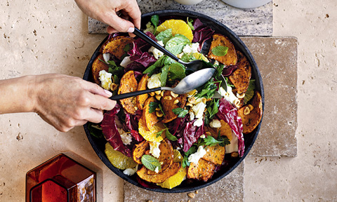 Roasted pumpkin salad with orange and goat’s cheese 