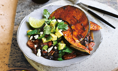 Smoky roasted pumpkin with beans and chorizo