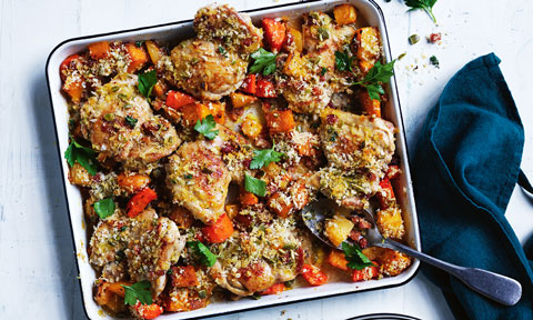 A baked chicken dish with pumpkin and chorizo