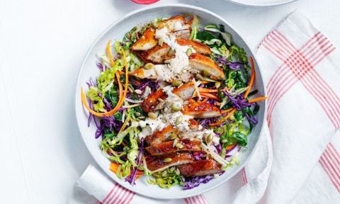 Silverbeet coleslaw with sticky chicken with carrot and mayonnaise 