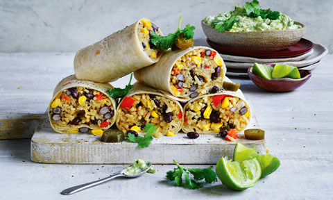 Mexican-style rice burritos with guacamole