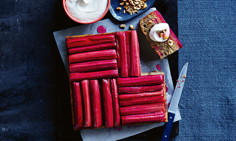 Burnt butter hazelnut cake with roasted rhubarb