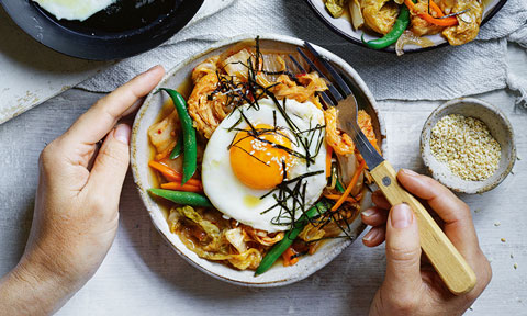 Cheat’s kimchi with fried eggs