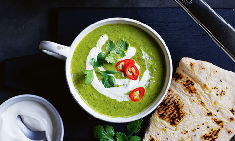 Curried green veggie soup with yoghurt and coriander