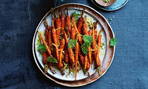 Harissa-roasted carrots with mint and pistachios