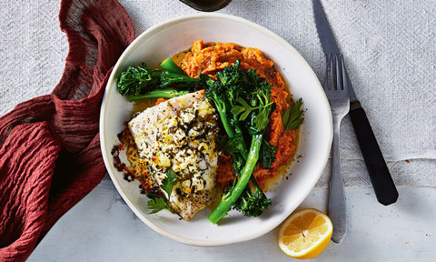 Herb and fetta barramundi with sweet potato mash