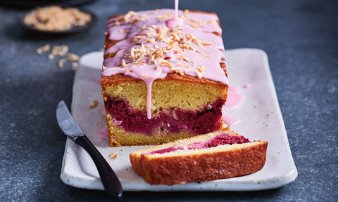 Raspberry and coconut ripple loaf cake