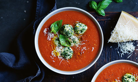 Roasted tomato soup with spinach and ricotta dumplings