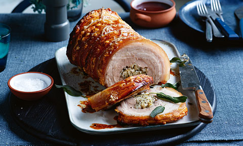 Rolled roast pork belly with apple stuffing