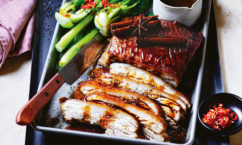 Slow cooker honey-soy pork belly with Asian greens