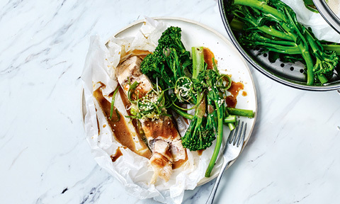 Steamed barramundi with soy and miso dressing