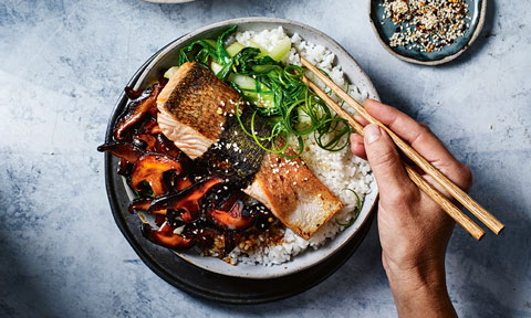 Sticky mushroom rice bowl with nori-wrapped salmon