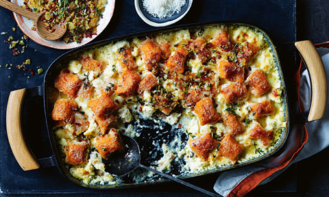 Sweet potato gnocchi bake with bacon crumb