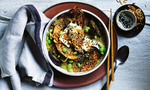 Vegan miso eggplant with tofu and sesame pumpkin