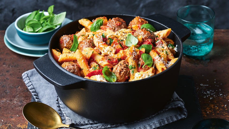 Brent Draper’s One-pan meatball penne with whipped ricotta