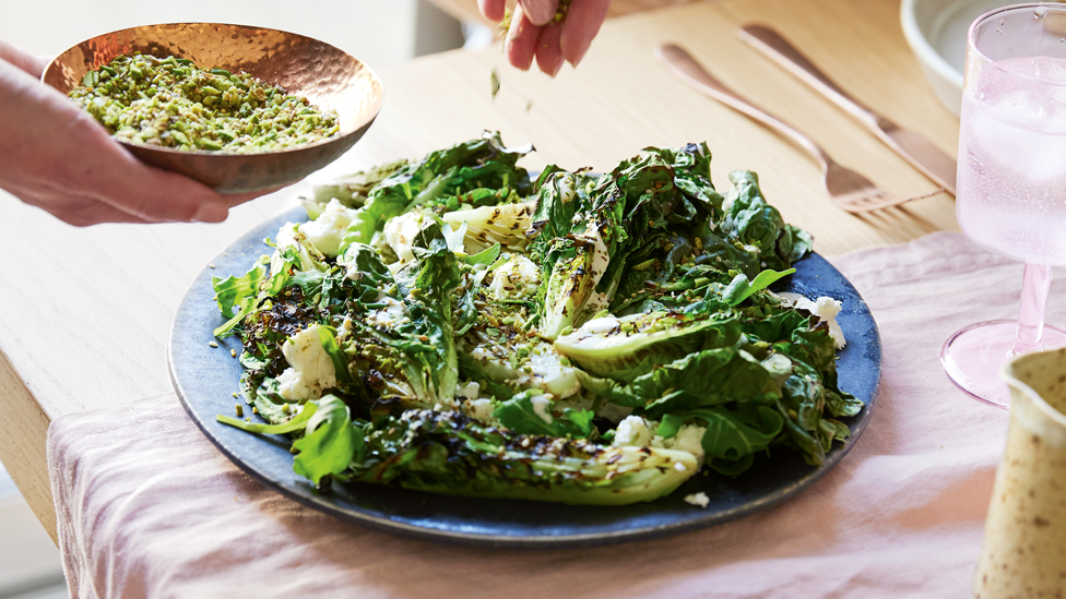 Charred baby gem salad with tahini dressing