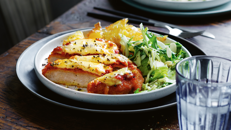 Cheat’s chicken parmigiana with smashed potatoes