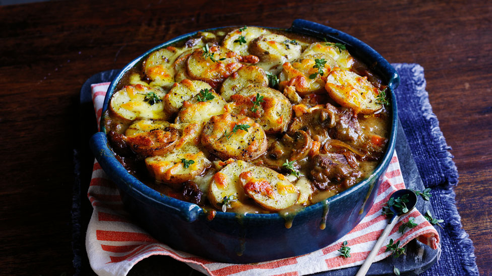 French onion beef casserole with garlic-butter potatoes