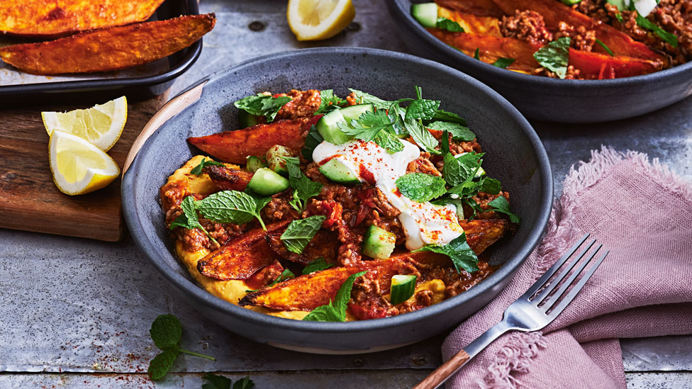 Harissa lamb with sweet potato hommus