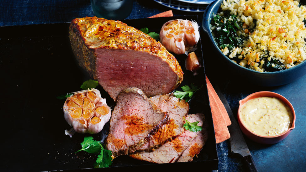 Curtis Stone’s Mustard roast beef with creamed silverbeet