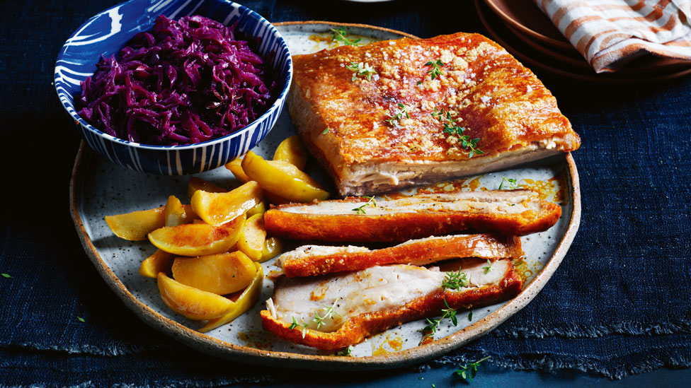Curtis Stone’s Pork belly with caramelised apples and cabbage 