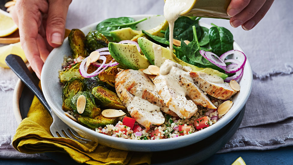 Roasted chicken and brussels sprouts with quinoa