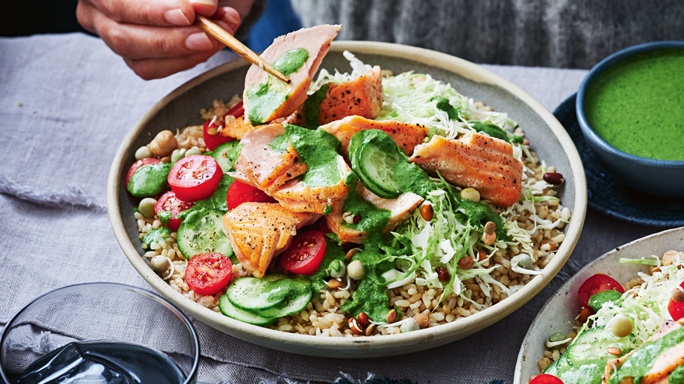 Seared salmon and brown rice green goddess bowl