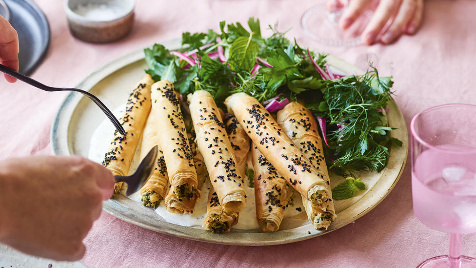 Spinach and ricotta filo cigars with herb salad